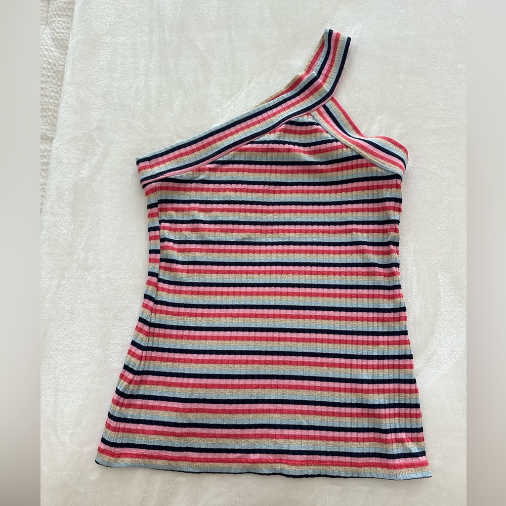 NWT Trina Turk striped one shoulder tank top. Gold, blue, pink